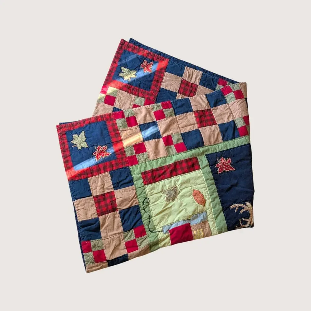 1990s Vintage Handmade Patchwork Deer Cabin Quilt